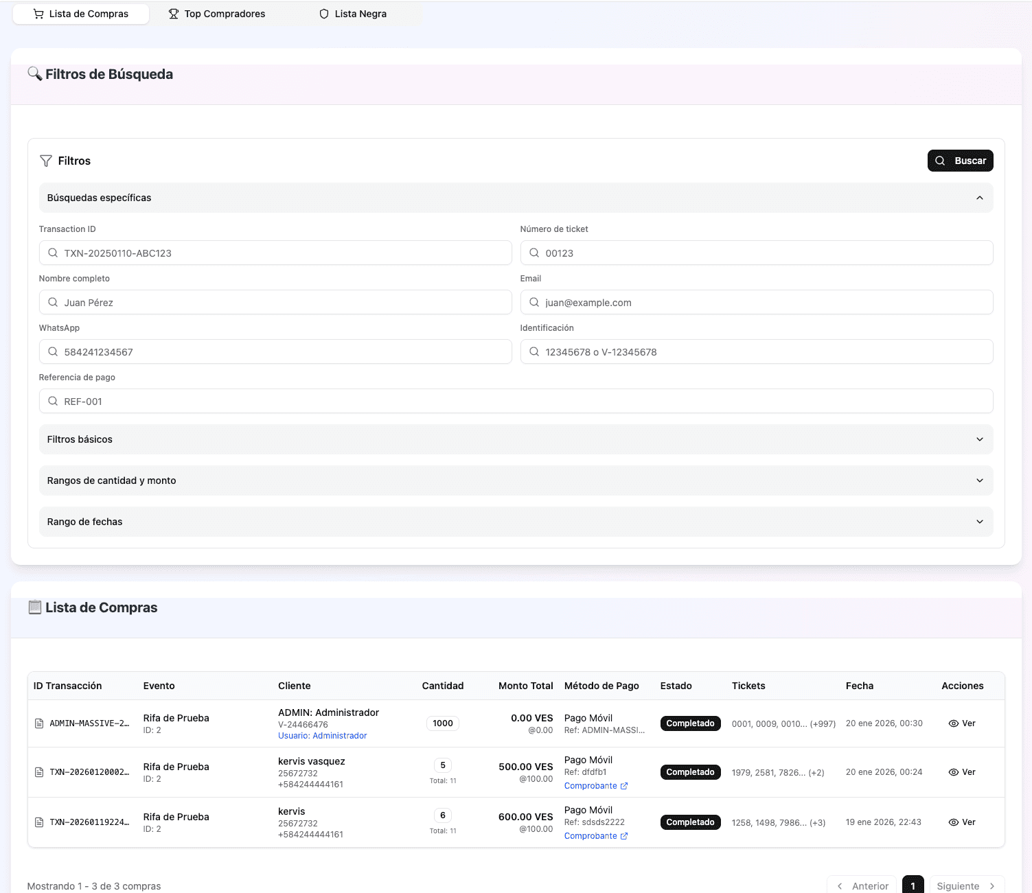 Filtros avançados e controle de compras